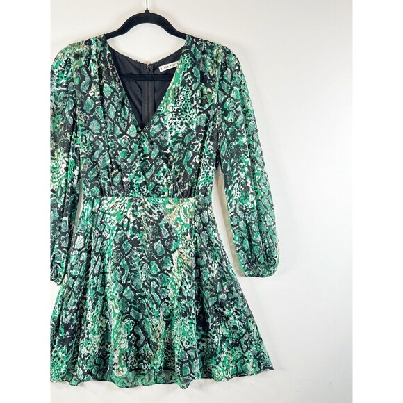 Alice Olivia Dress Green Rita Silk Mini Fit Flare Snakeskin V Neck A Line Size 4 - Picture 7 of 13